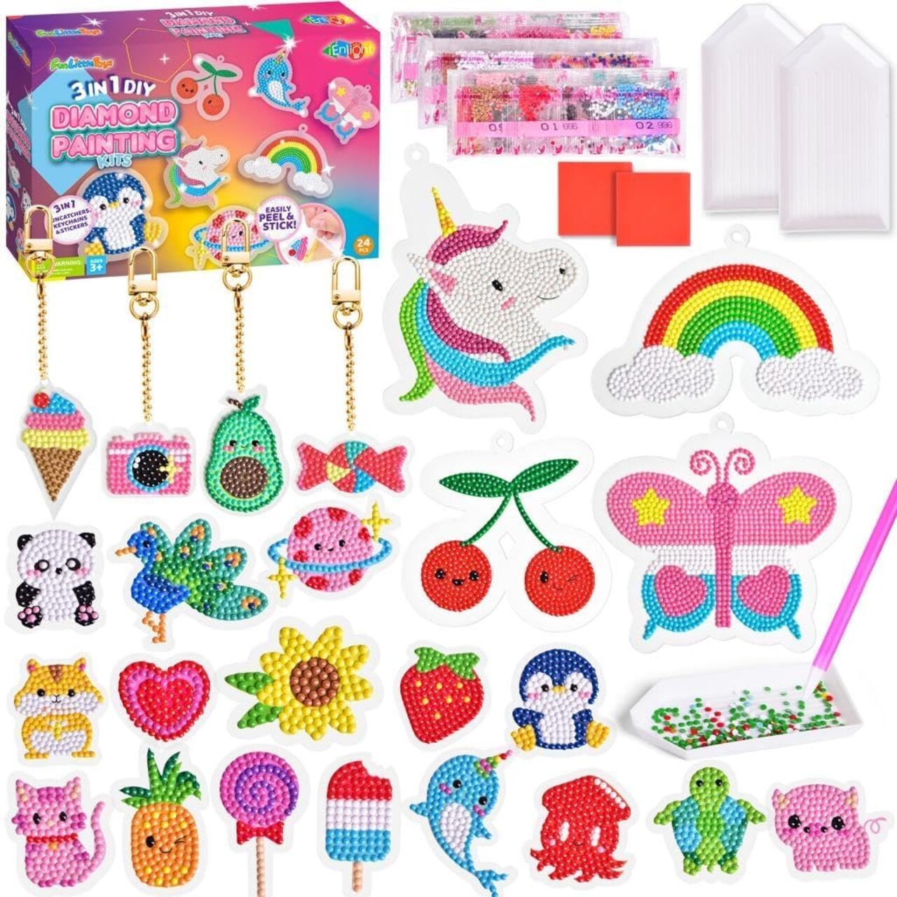 24Pcs Summer Diamond Art Kits for Kids, Diamond Painting Kits, Arts and Crafts for Kids Ages 6-8-12, Gem Art As Gifts Ideas for Girls Boys, Small Diamond Painting Stickers, Kids Craft Age 6+